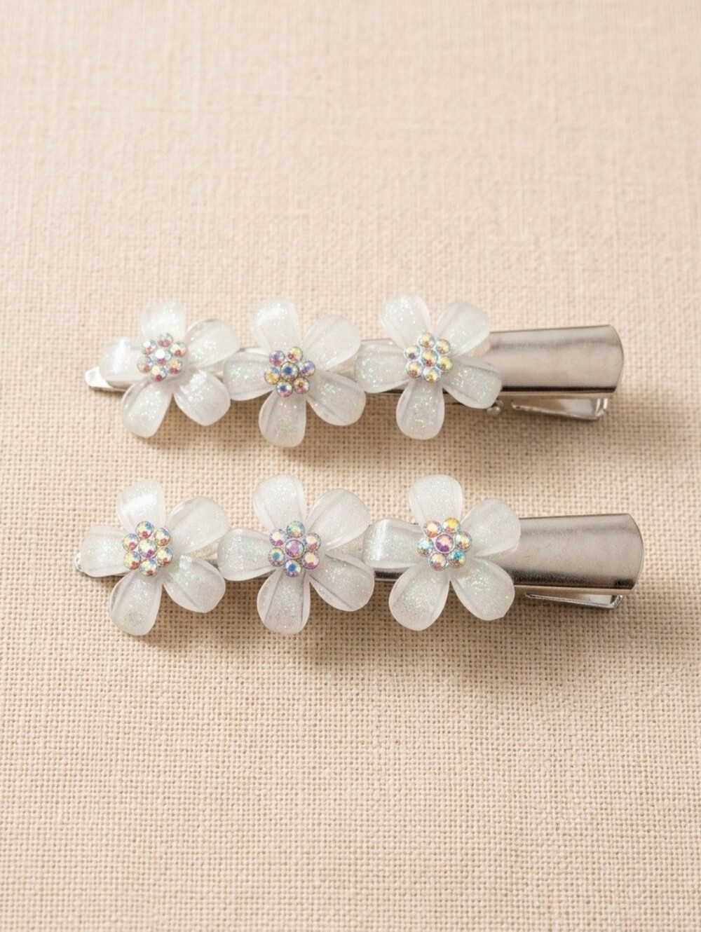 White Floral Rhinestone Hair Clips - Set of 2, Alligator Hair Clips